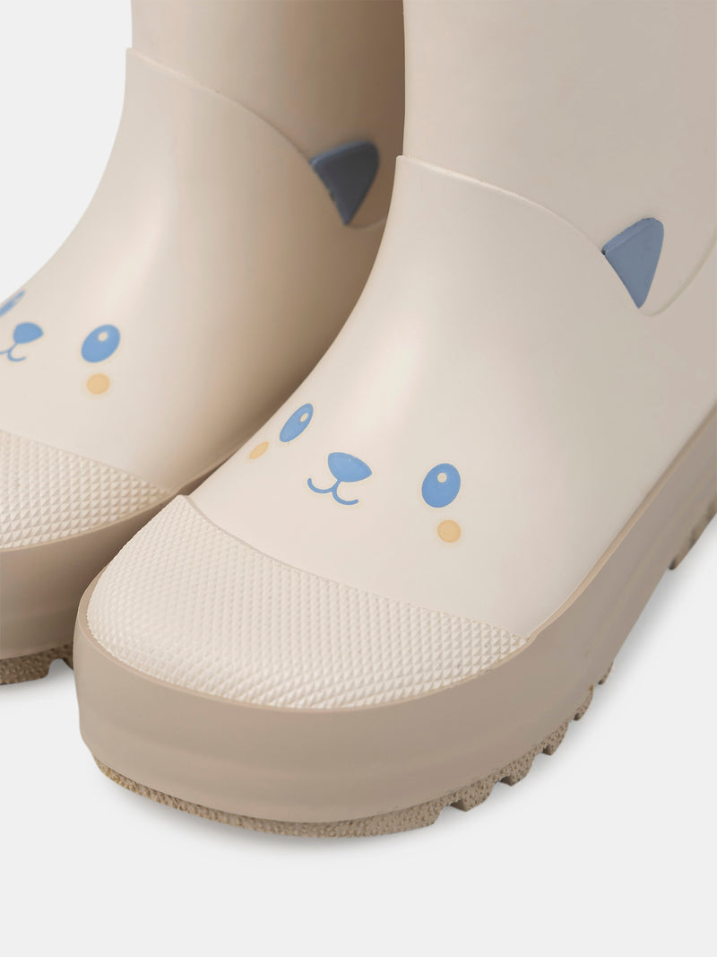 Botas de chuva bege impressas com cabeça de urso Bebé Menino