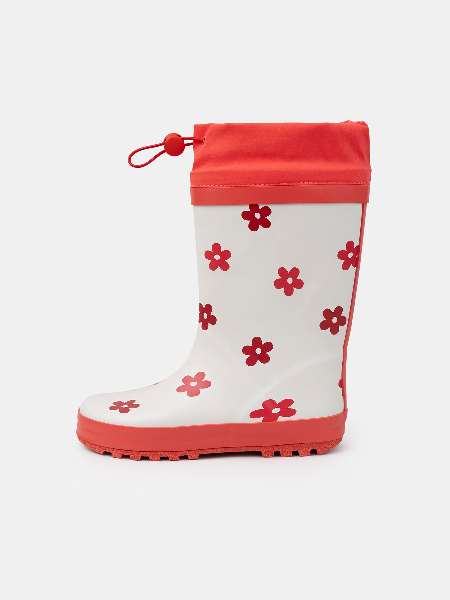 Bota de chuva branca e vermelha com estampado floral para meninas
