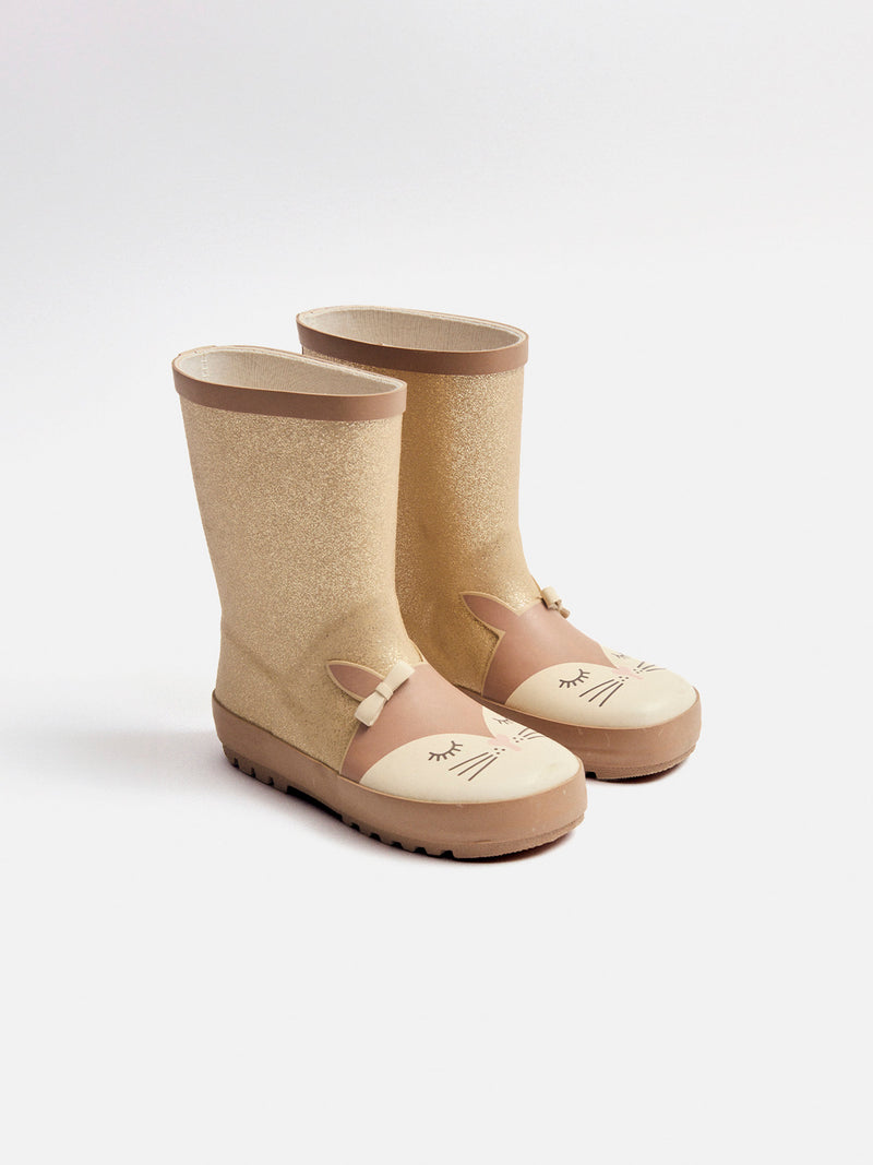 Bota de chuva dourada brilhante com cabeça de esquilo para meninas