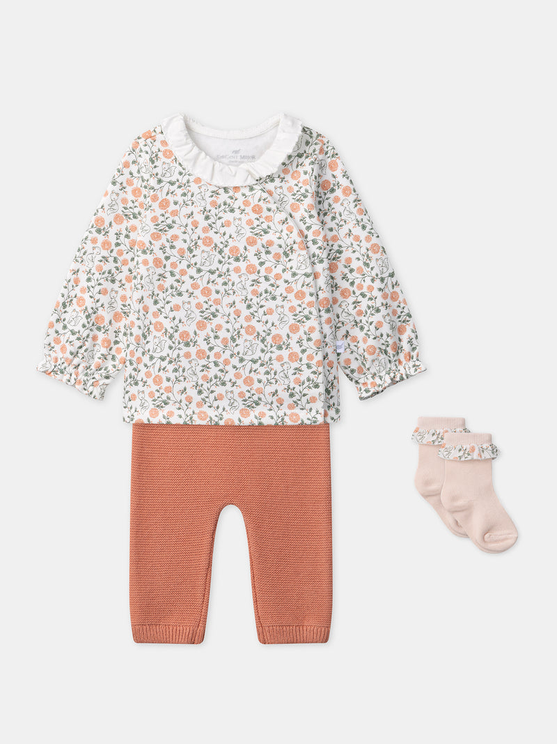 Conjunto de sweatshirt com estampado floral + leggings + meias para recém-nascida
