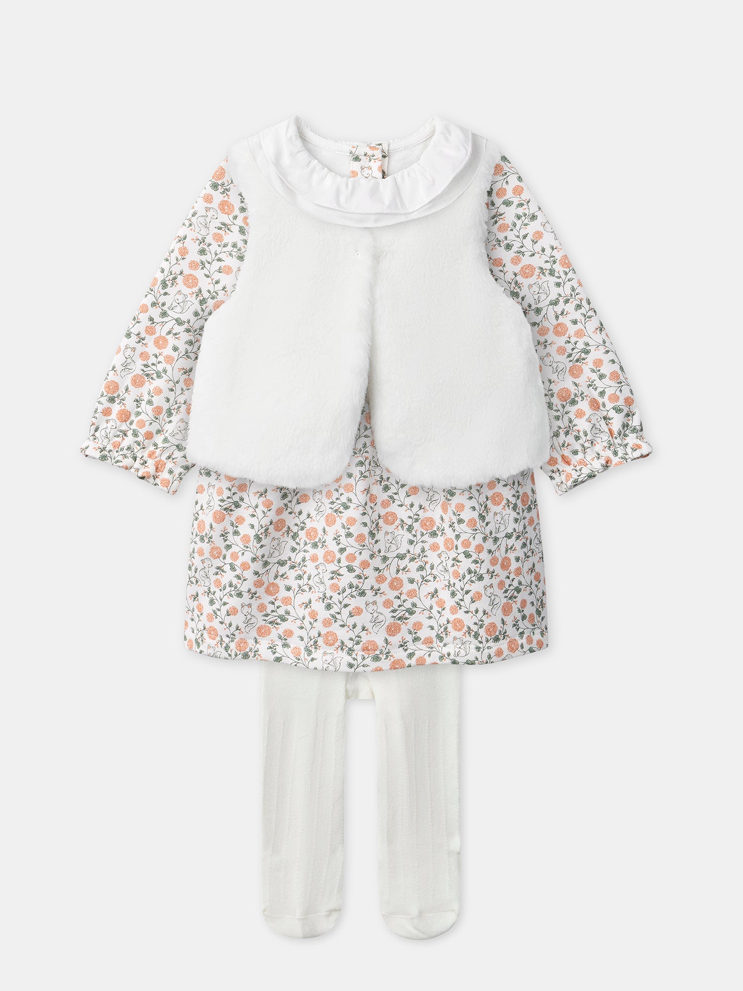 Conjunto de vestido com estampado floral + colete + collants para Bebés Meninas