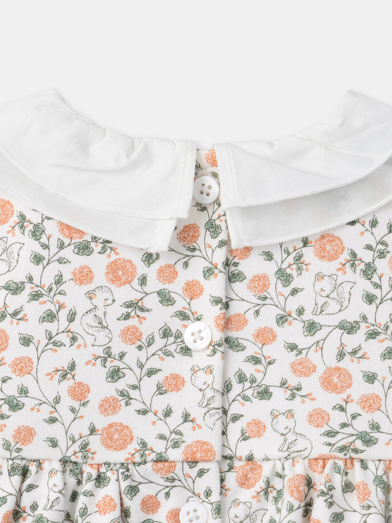 Conjunto de vestido com estampa de flores + cardigan + collants para menina
