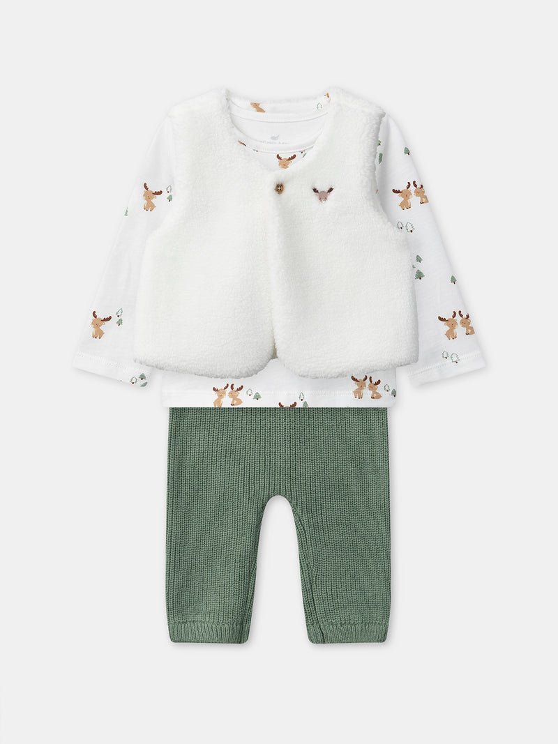 Conjunto de t-shirt com veado impresso + colete + calças para menino recém-nascido