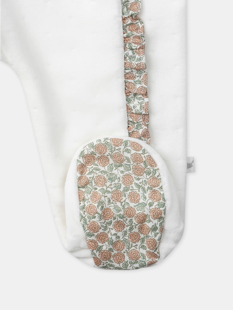 Saco de cama em veludo branco e floral para recém-nascida