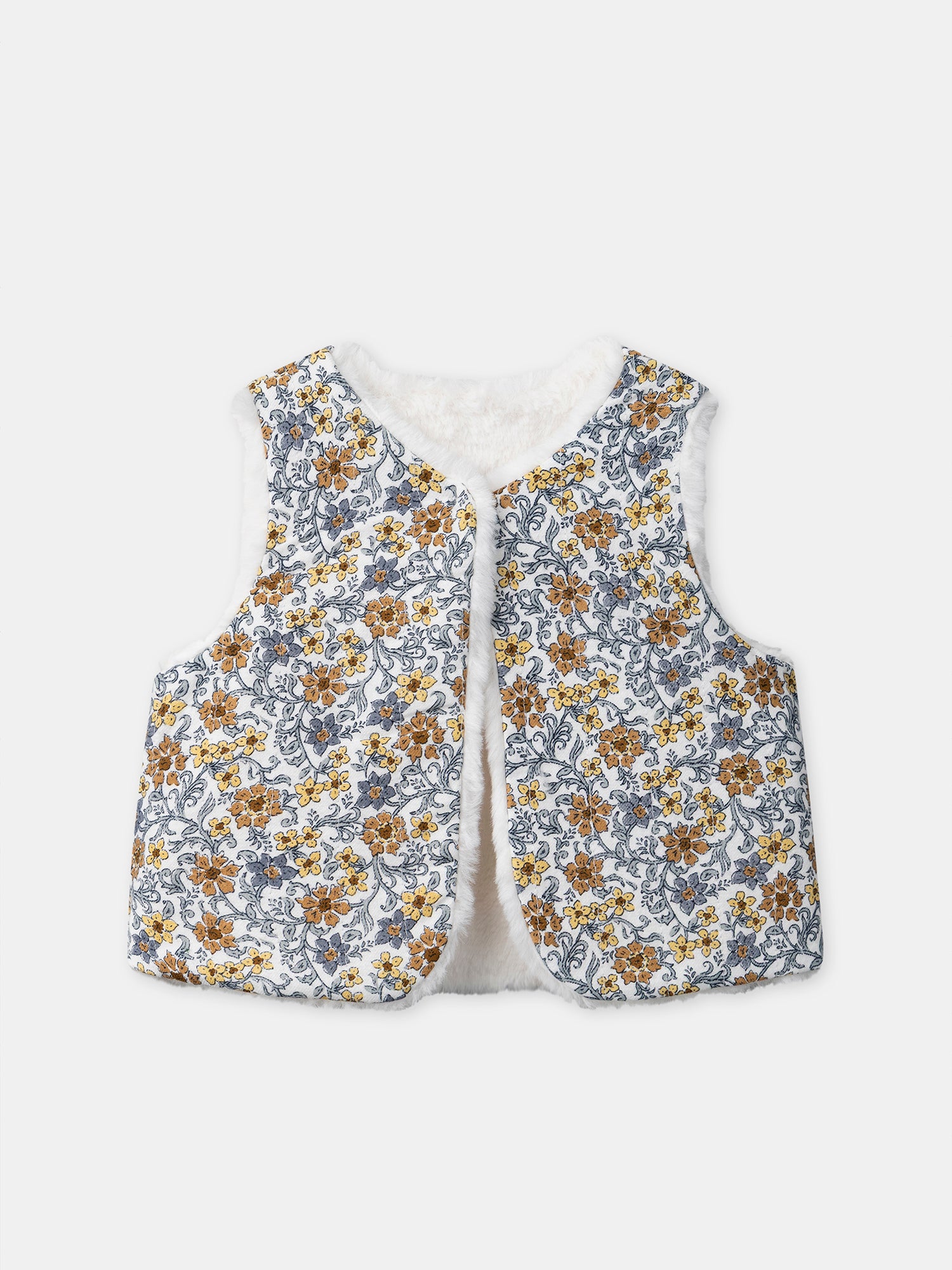 Gilet reversível branco de pele ou estampado floral para menina