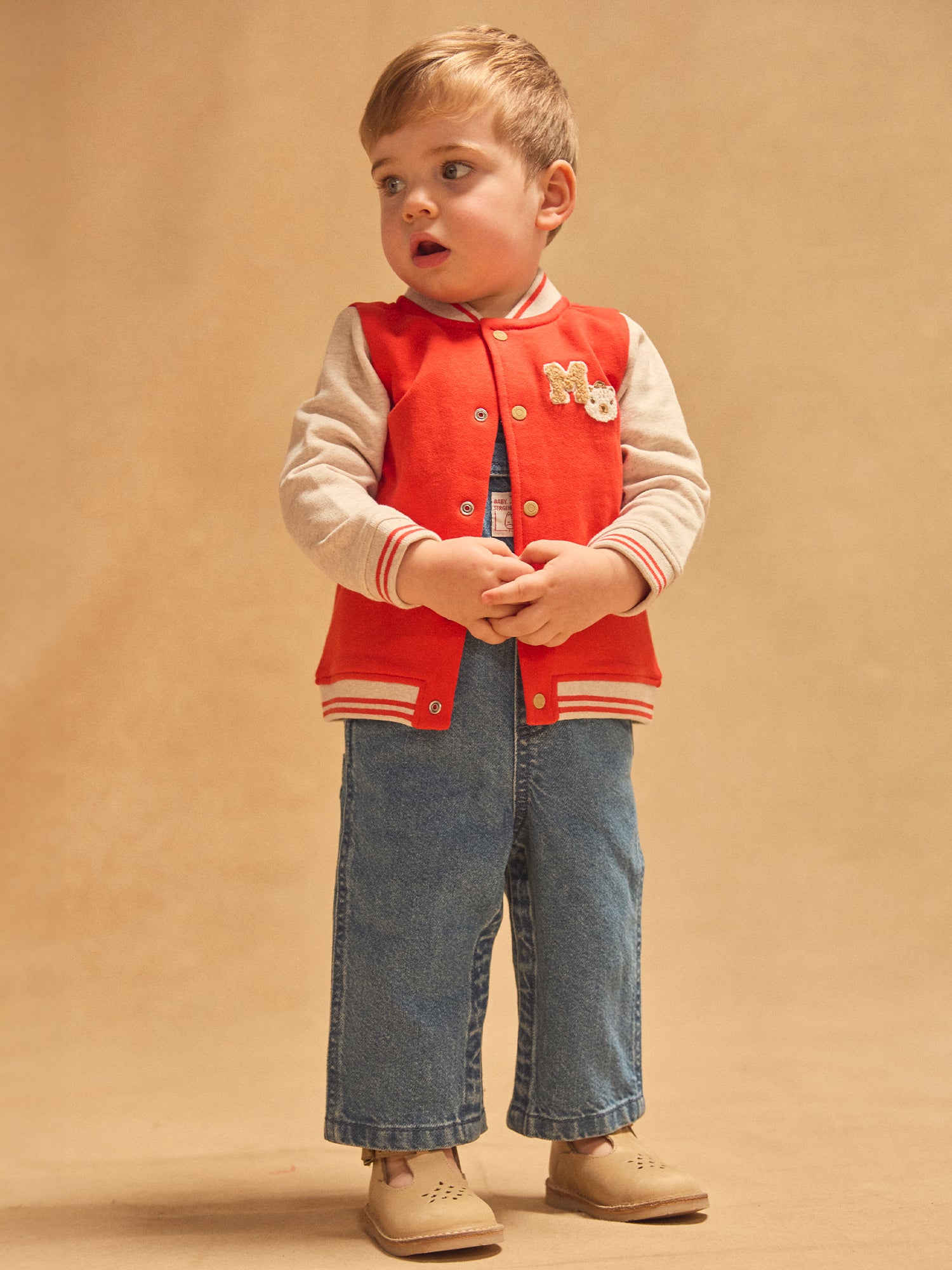 Casaco Teddy vermelho e ecru para bebé menino