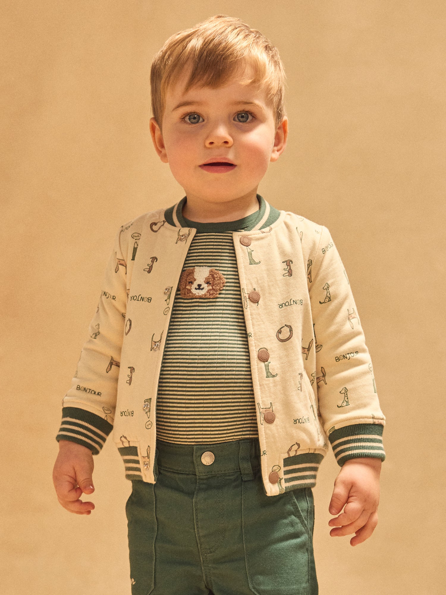 Teddy reversível verde escuro sólido ou ecru com cães impressos bebé menino