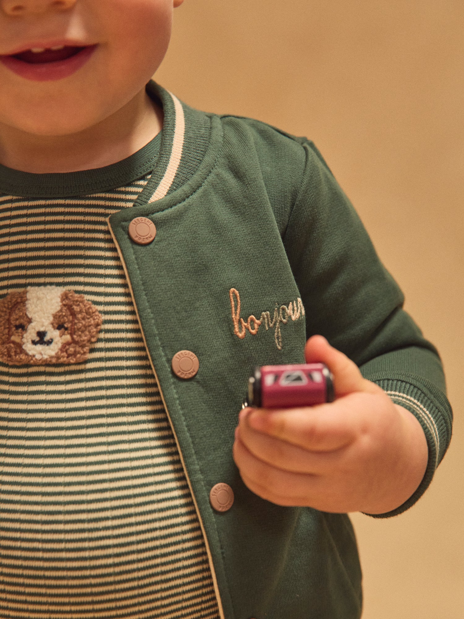 Teddy reversível verde escuro sólido ou ecru com cães impressos bebé menino