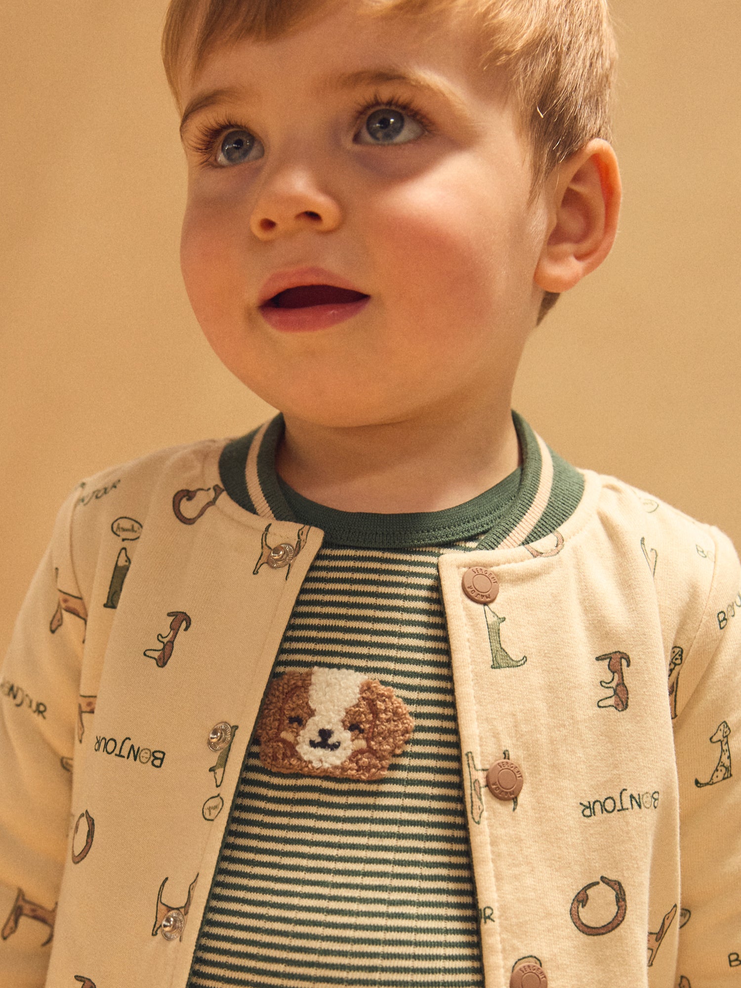 Teddy reversível verde escuro sólido ou ecru com cães impressos bebé menino