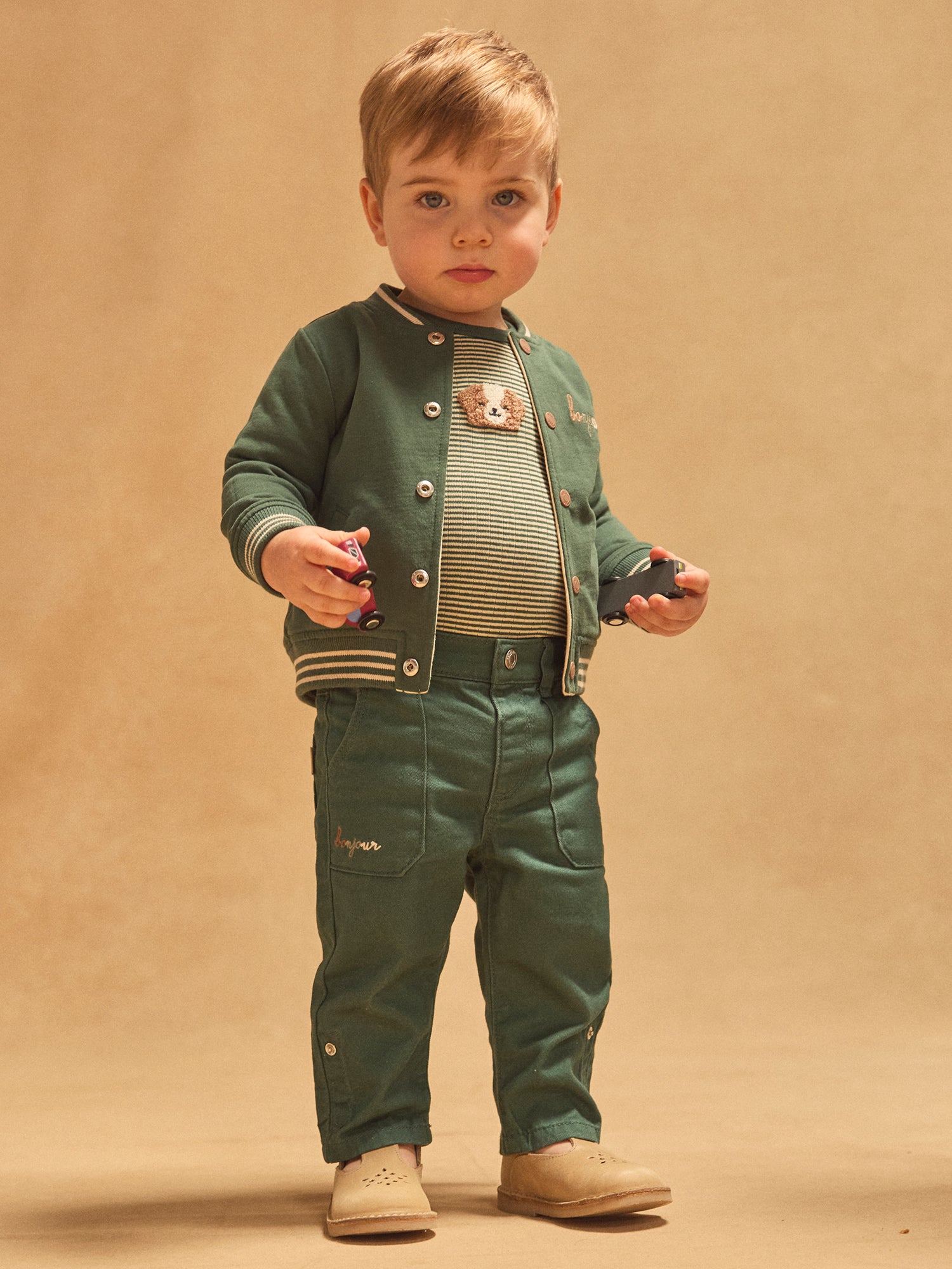 Teddy reversível verde escuro sólido ou ecru com cães impressos bebé menino