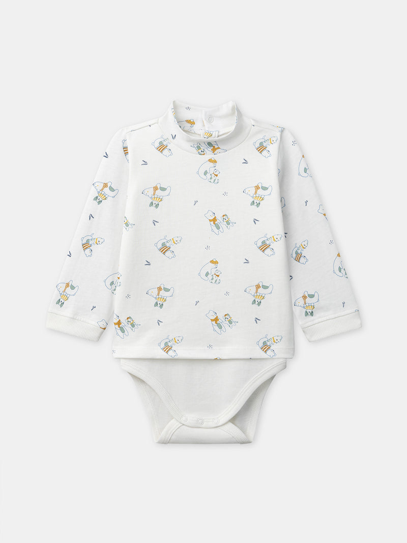 Body branco com estampa de animais e gola para bebé garoto