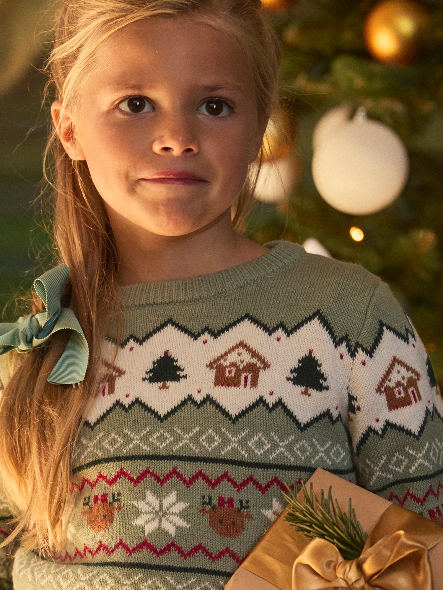 Pullover de Natal verde sálvia para meninas