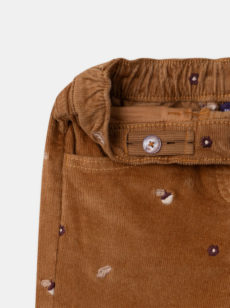 Pantalon marron en velours à broderie glands Fille