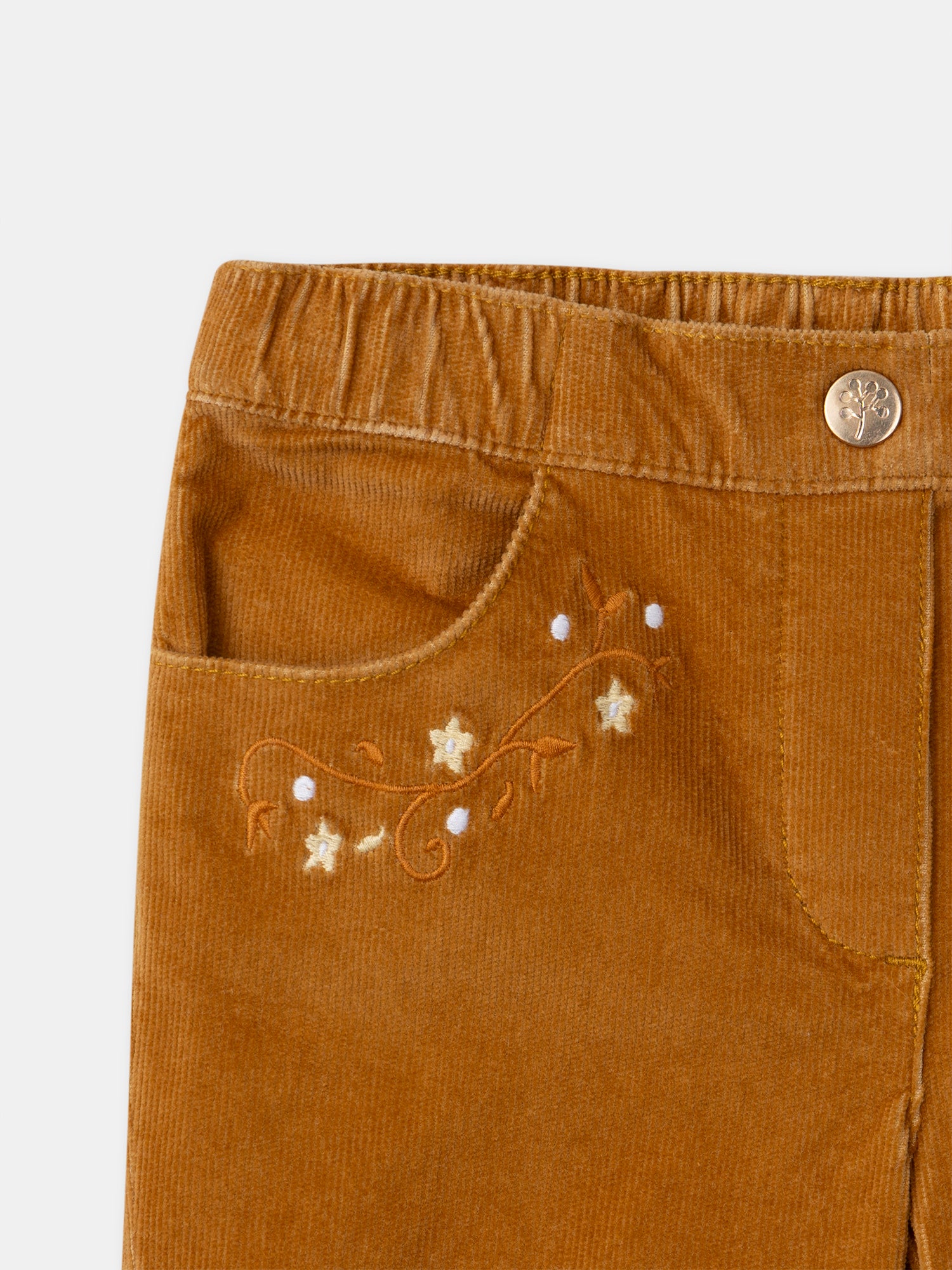 Calças Castanhas de Veludo com Bordados de Flores para Menina