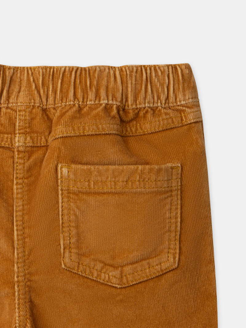 Pantalon marron en velours à broderies fleurs Fille