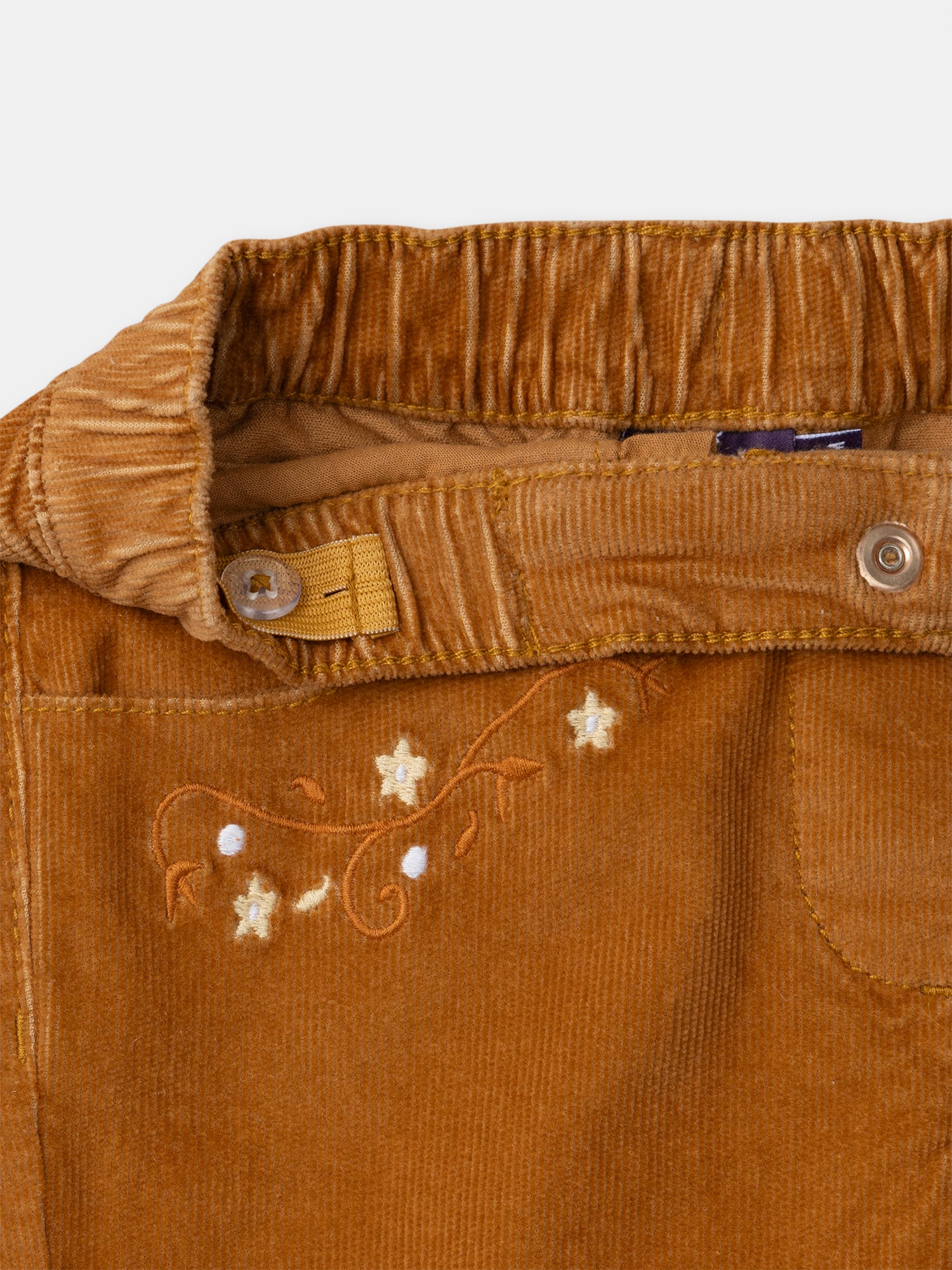 Calças de Veludo Castanho com Bordados de Flores para Meninas