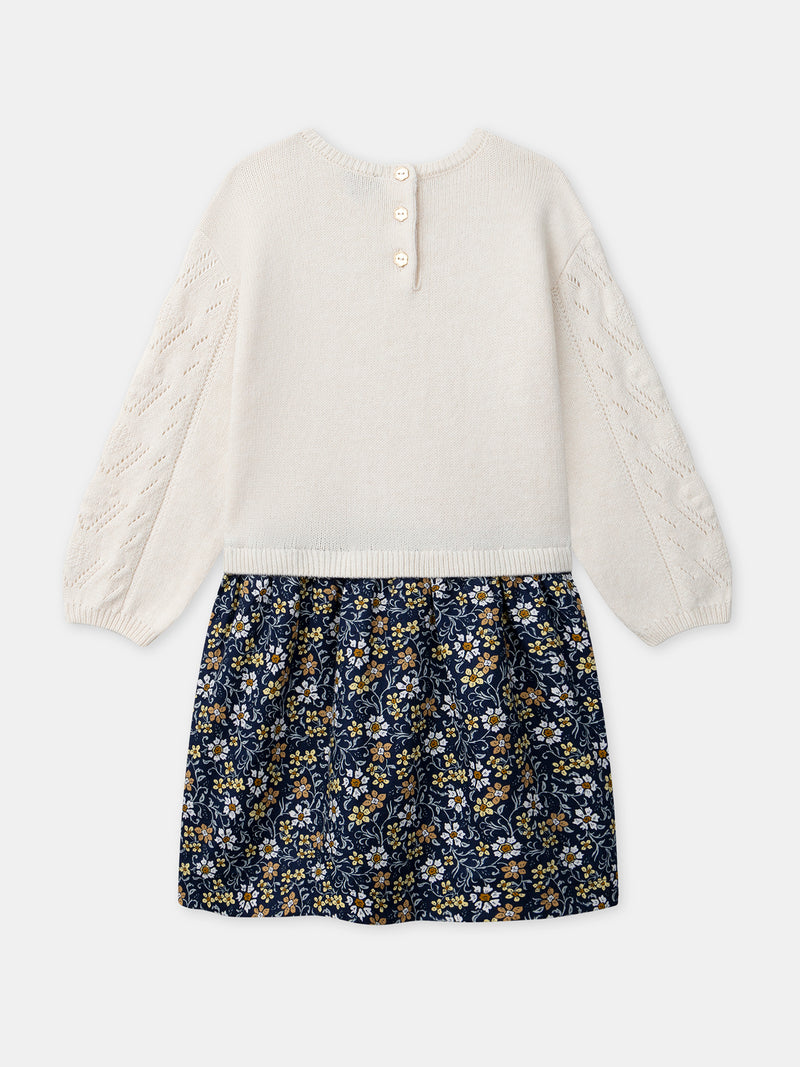 Robe bi-matière pull écru et bas imprimé fleuri Fille