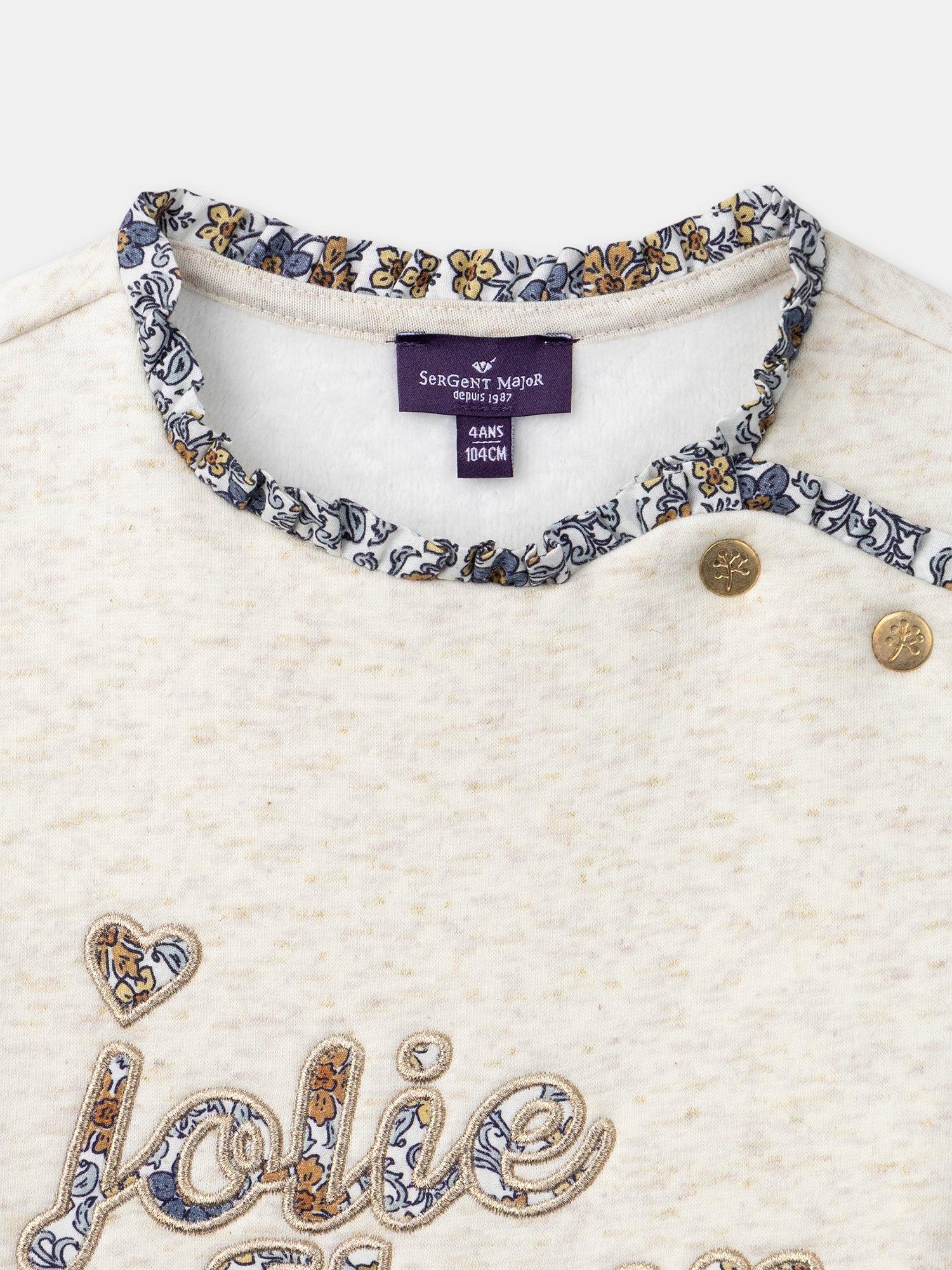 "Sweatshirt ecru com bordado ""Jolie Fleur"" para meninas"