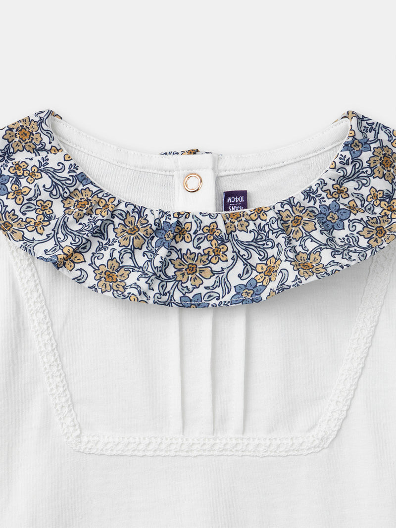 T-shirt blanc à col imprimé fleuri et manches longues Fille