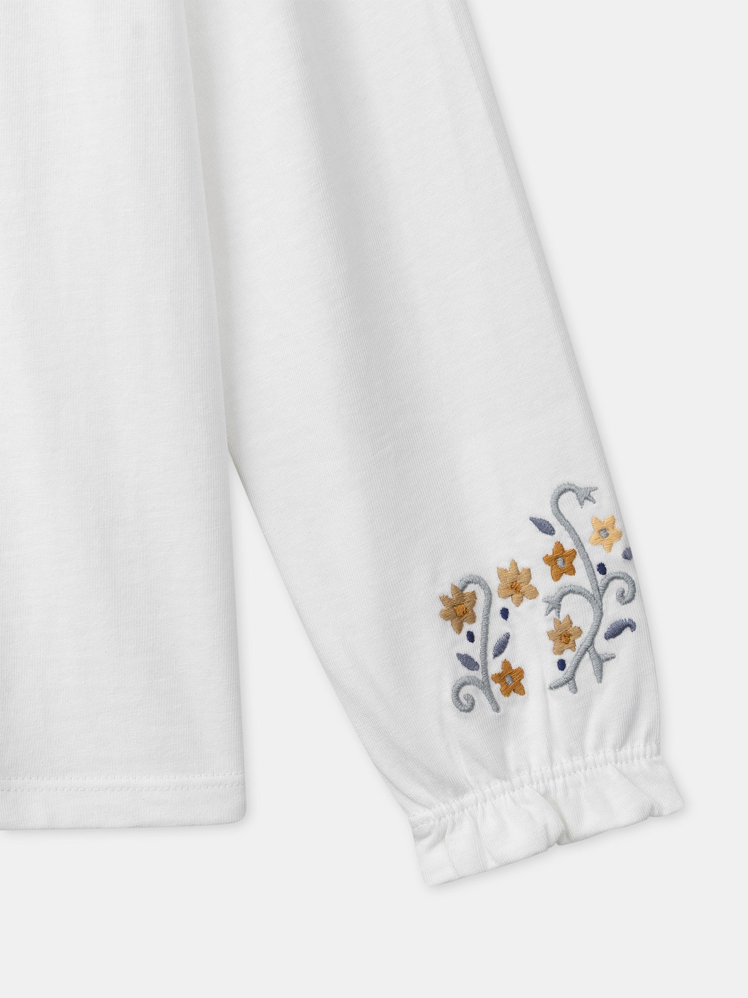 T-shirt branca de manga longa com colarinho floral para meninas