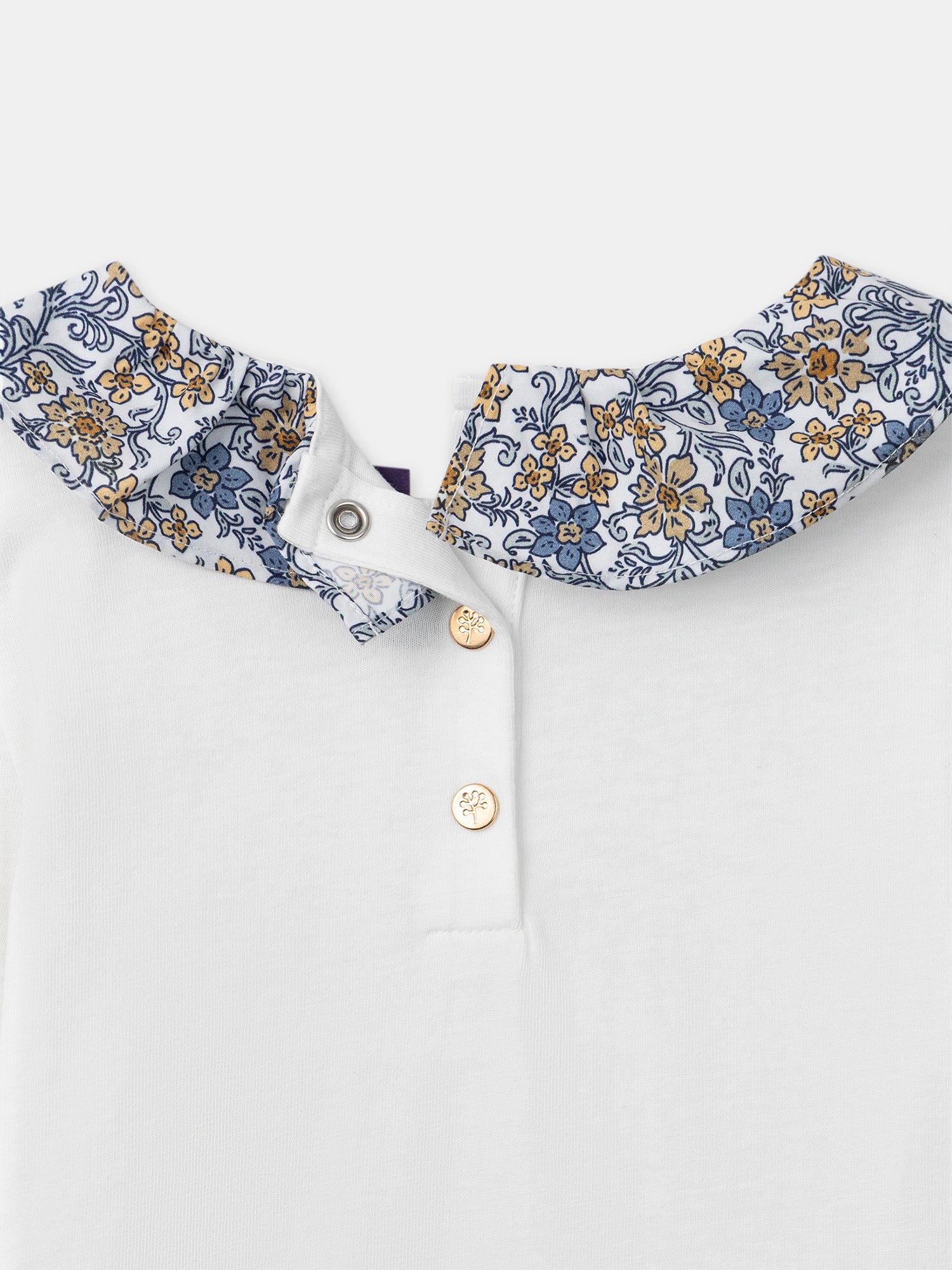 T-shirt branca de manga longa com colarinho floral para meninas