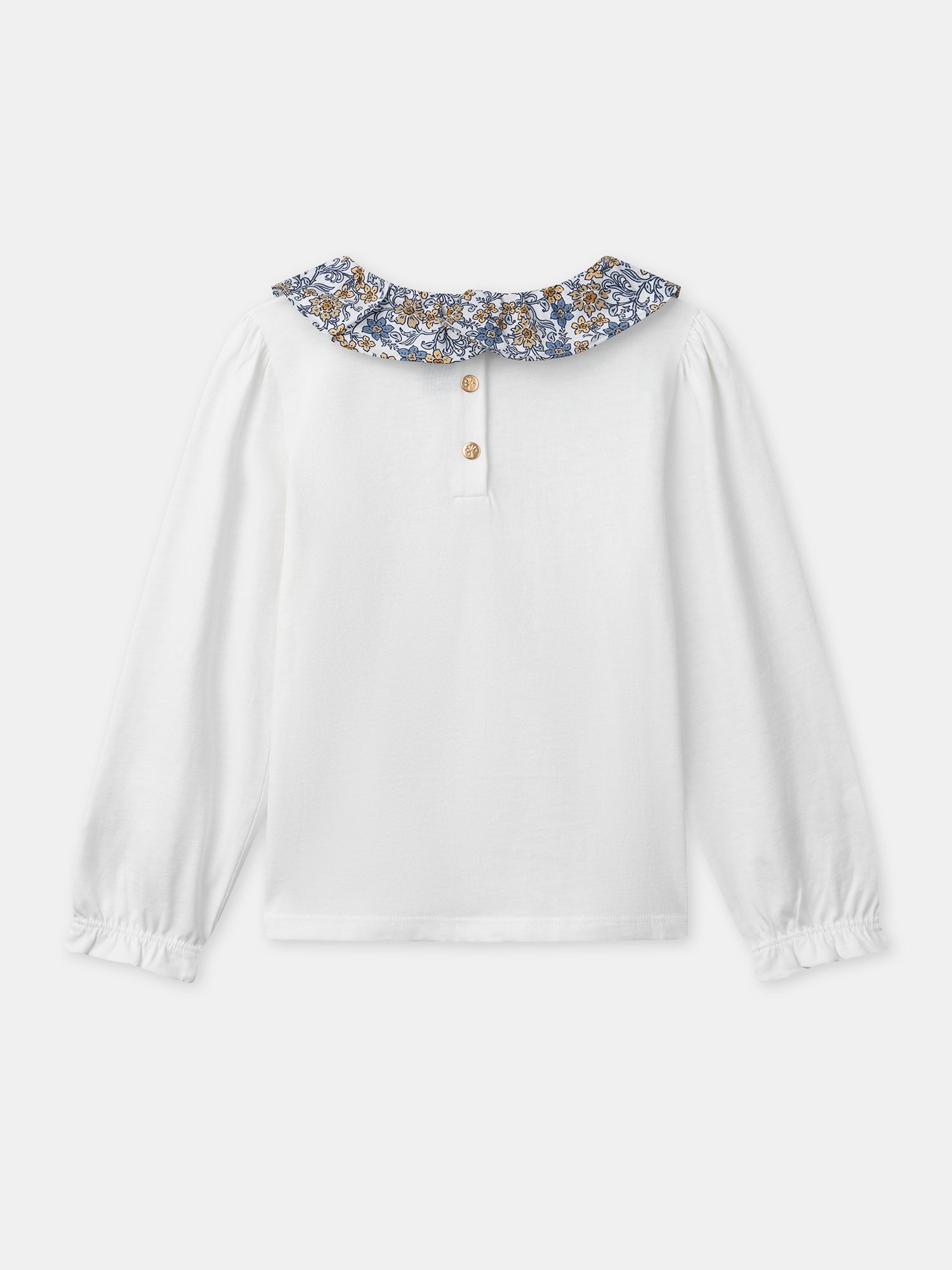 T-shirt branca de manga longa com colarinho floral para meninas