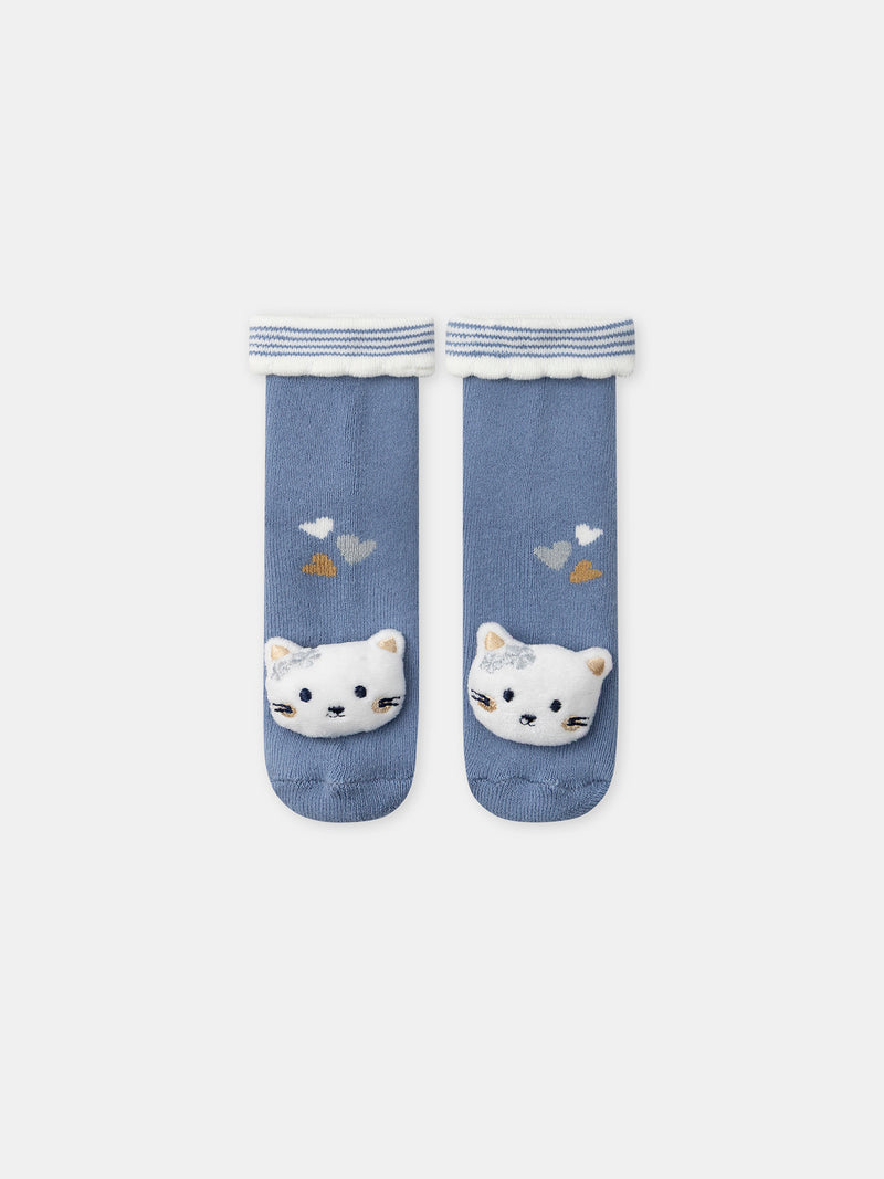 Meias azuis com cabeça de gato para menina
