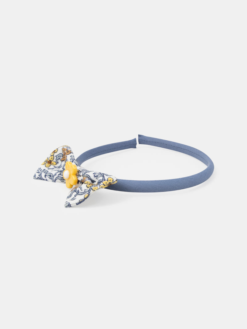 Faixa de cabelo azul com laço impresso florido e flor para meninas