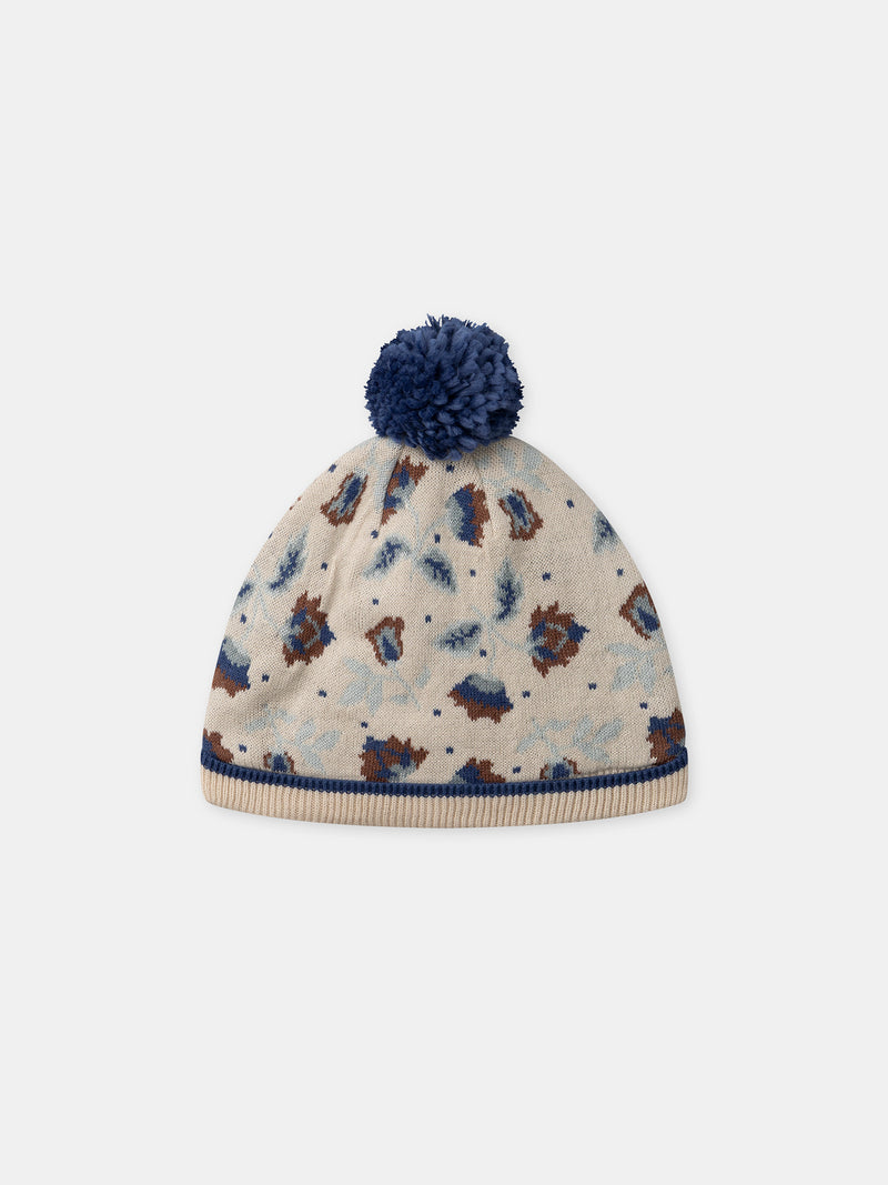 Gorro Bege em Malha com Motivo Floral e Pompom para Meninas