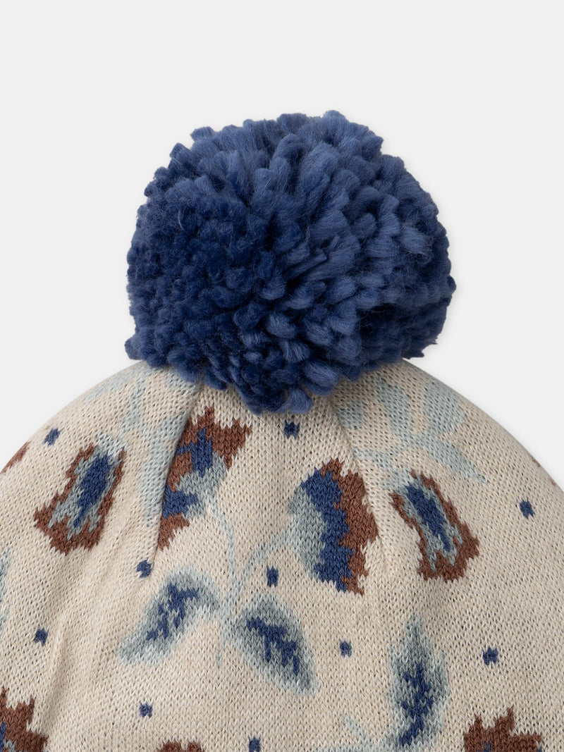 Gorro Bege em Malha com Motivo Floral e Pompom para Meninas