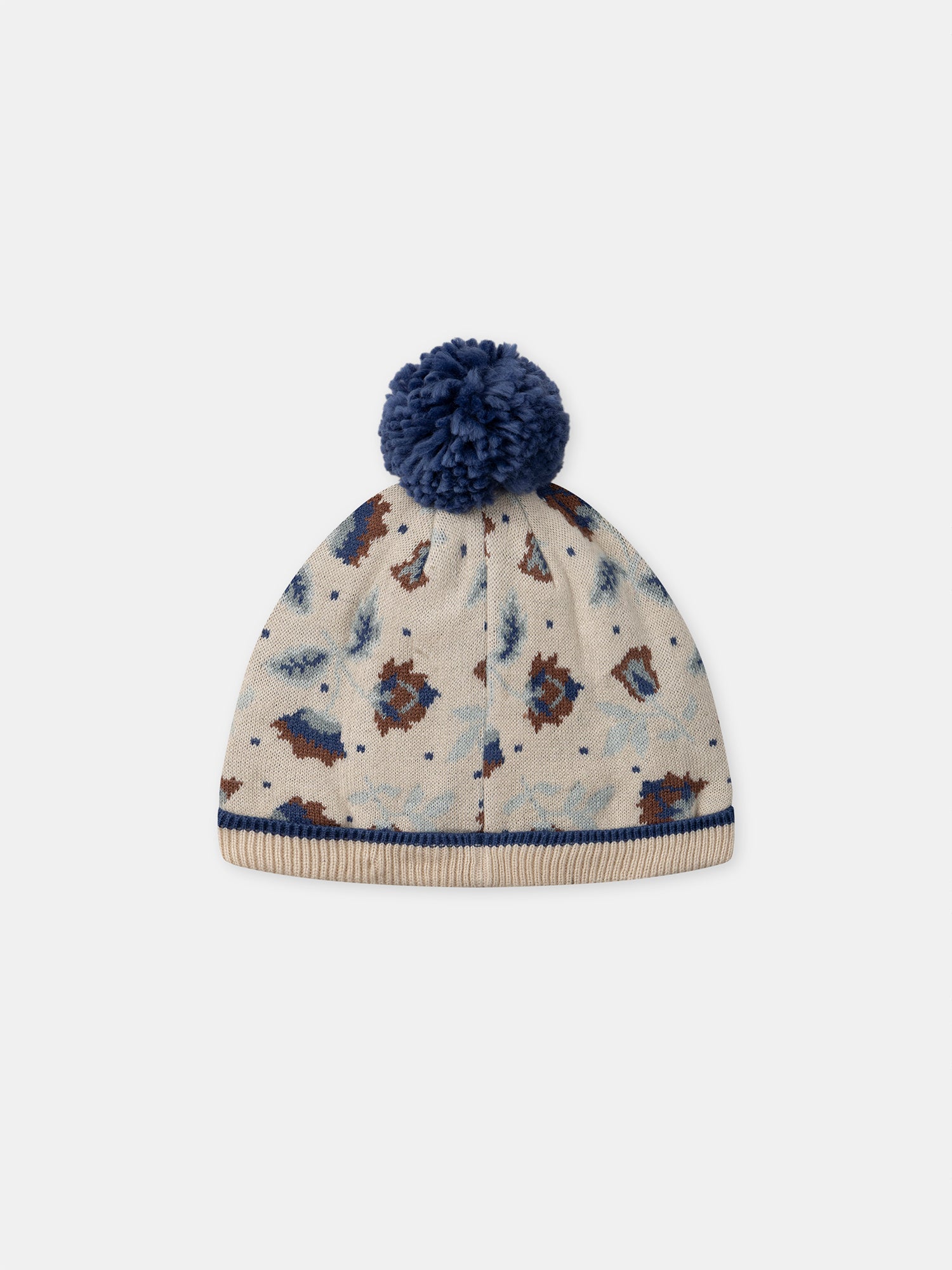 Gorro Bege em Malha com Motivo Floral e Pompom para Meninas