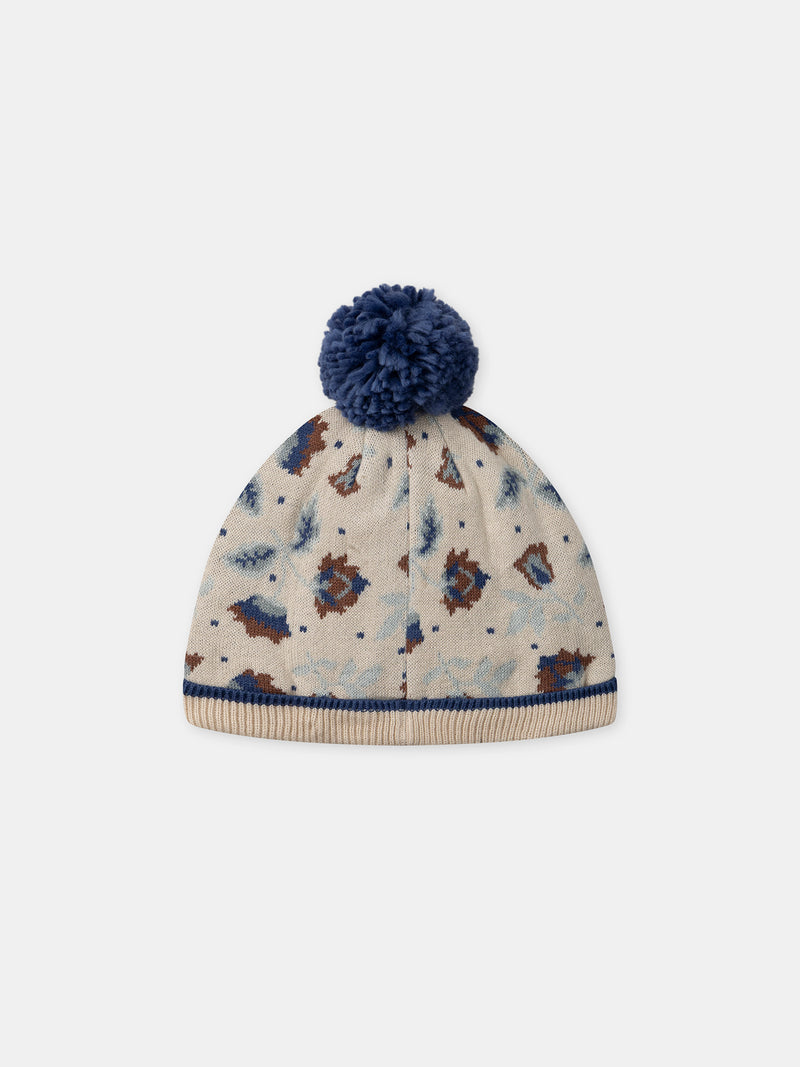 Gorro Bege em Malha com Motivo Floral e Pompom para Meninas