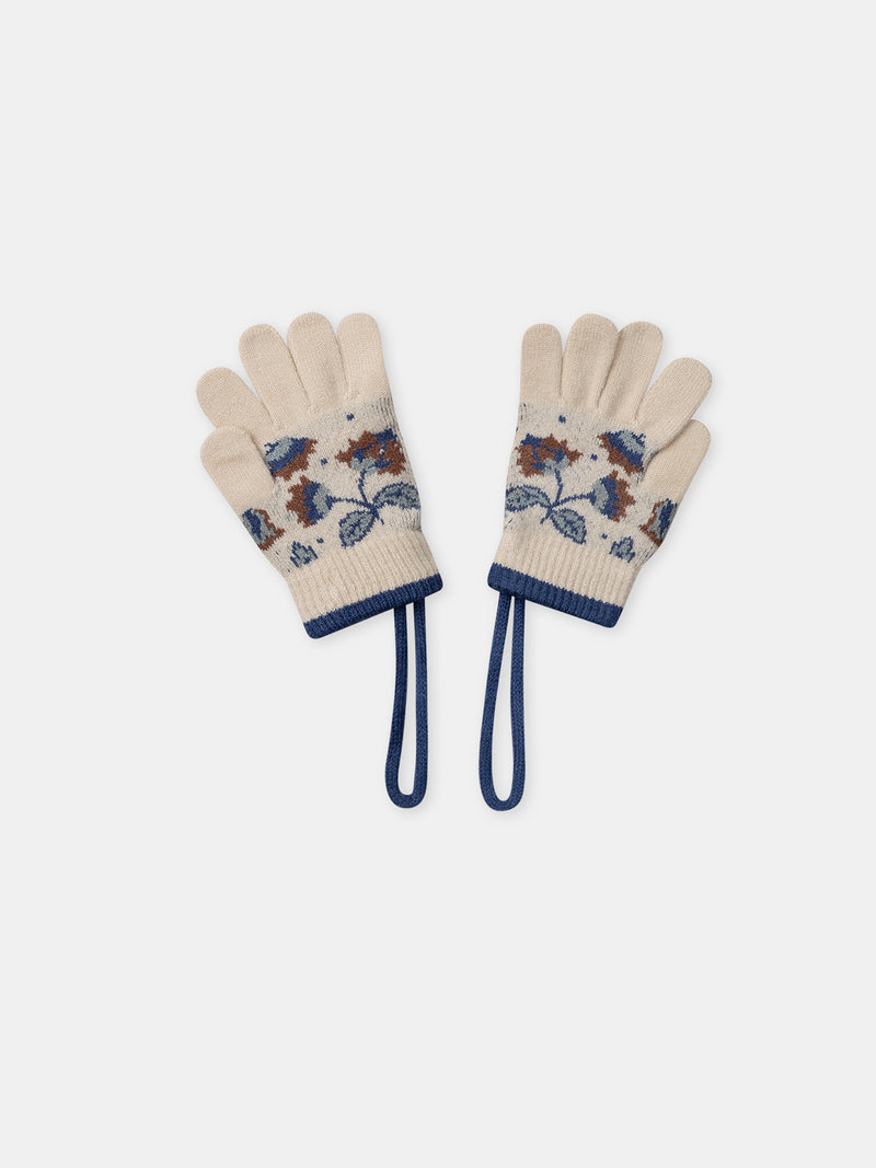Luvas bege com padrão de flores para meninas