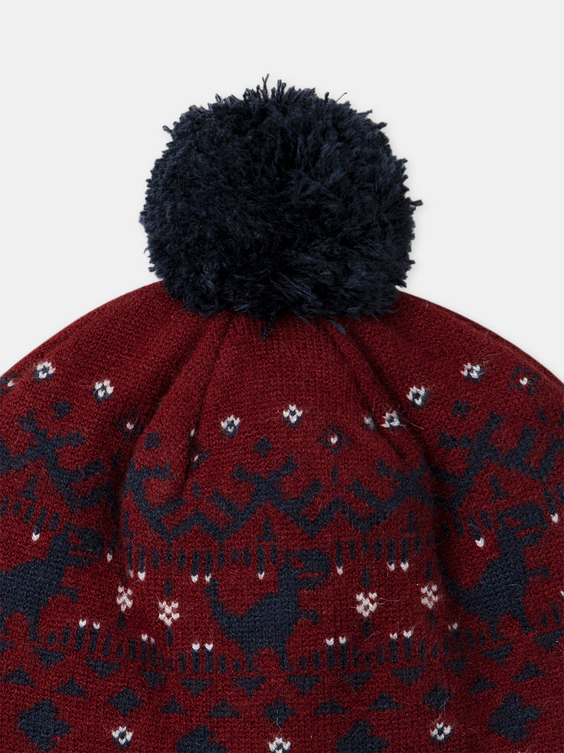 Gorro bordeaux com padrão de dinossauro e pompom para meninos
