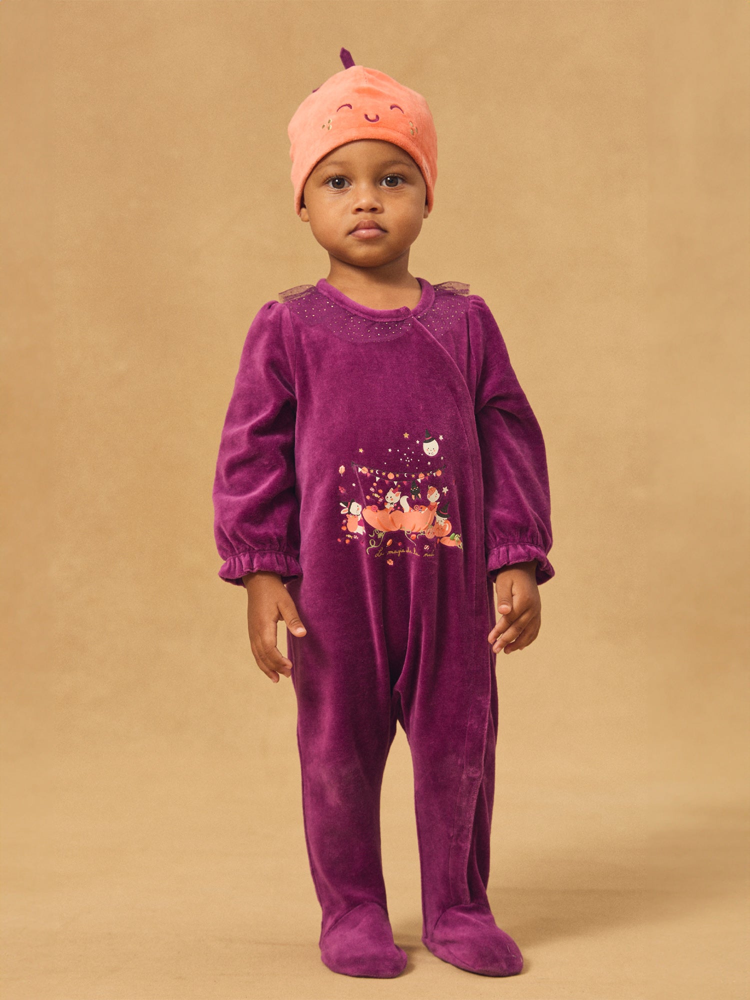 Macacão roxo em veludo + Boné de abóbora para Menina Bebê