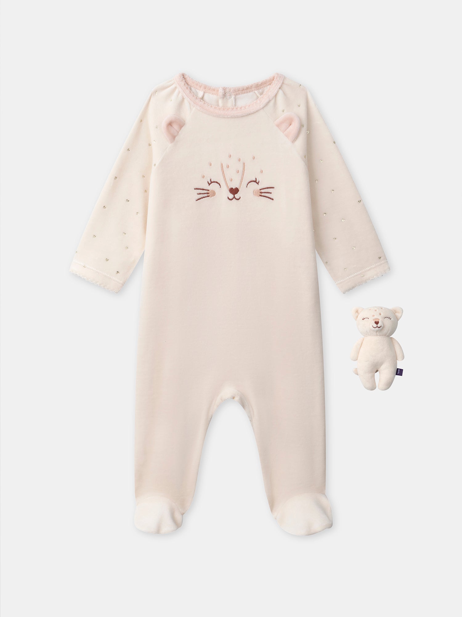 Pijama rosa com cara de gato + gato de pelúcia