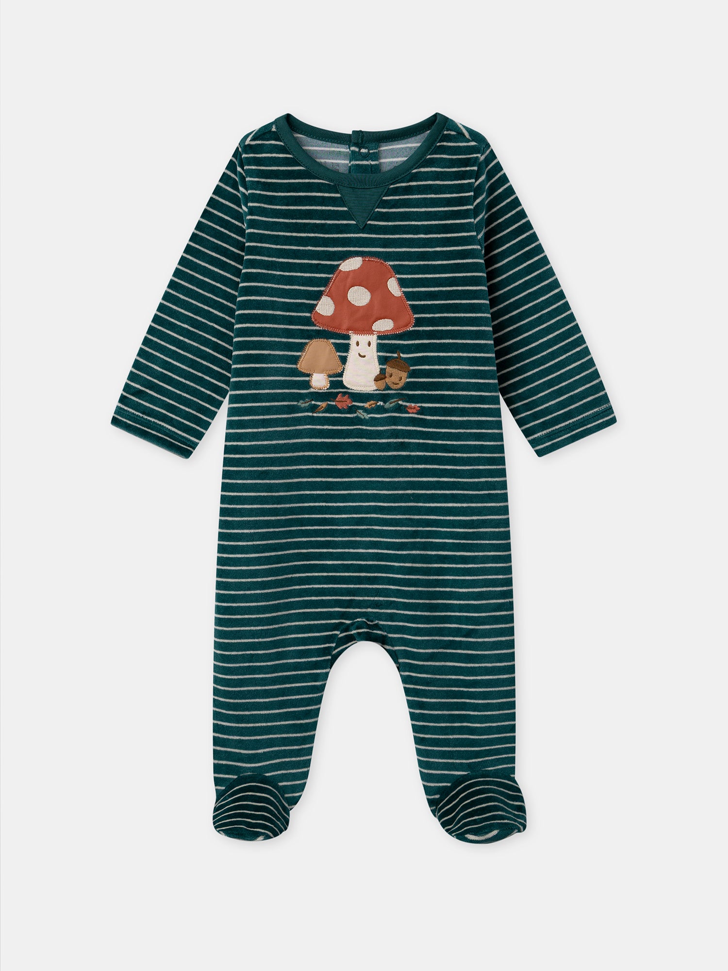 Pijama verde em veludo com riscas e bordados de cogumelos para Bebé Rapaz