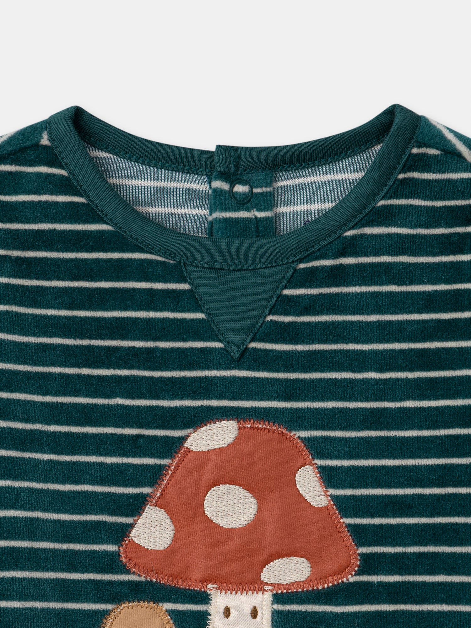 Pijama verde em veludo com riscas e bordados de cogumelos para Bebé Rapaz