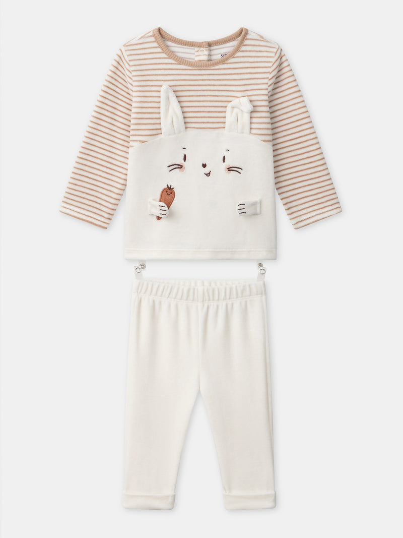 Pijama riscas em marfim e coelho para menino bebé