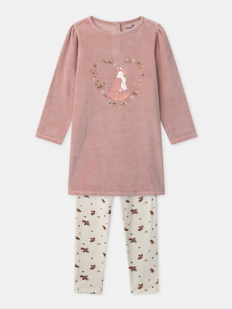 Camisola de noite rosa em veludo com estampa de raposas e borlas para meninas