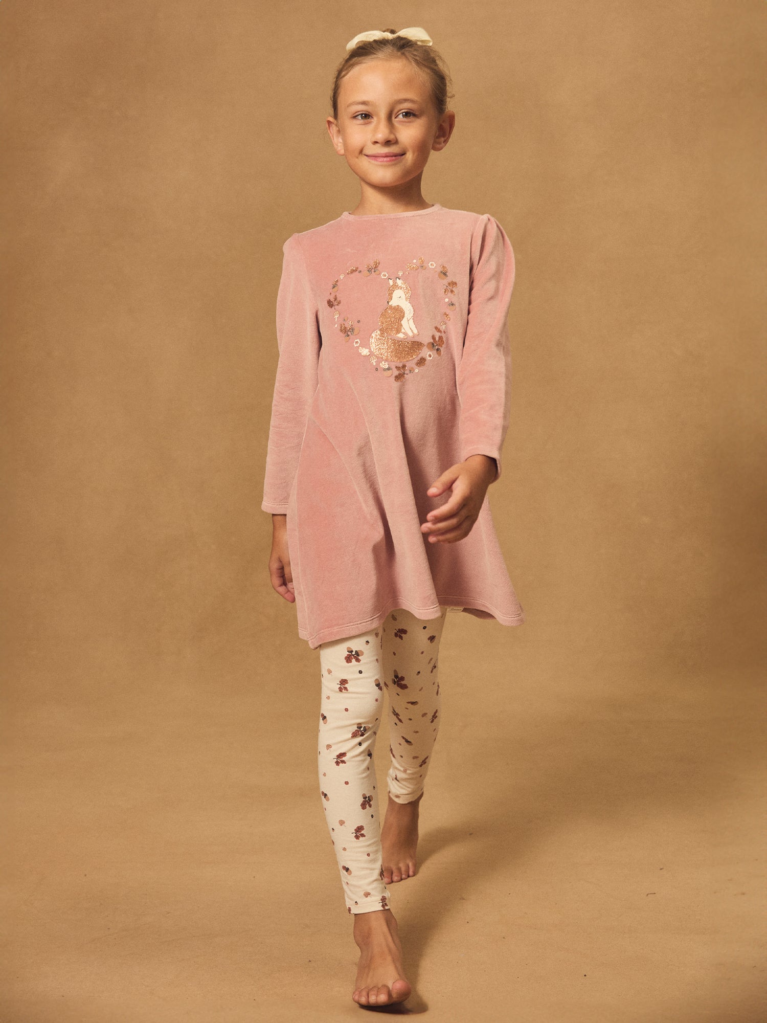 Chemise de nuit rose en velours imprimé renard et glands Fille