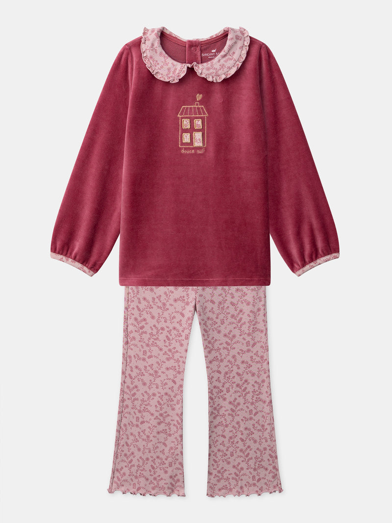 Pijama rosa escuro de veludo com estampado floral para meninas