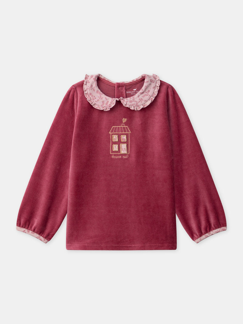 Pijama rosa escuro de veludo com estampado floral para meninas