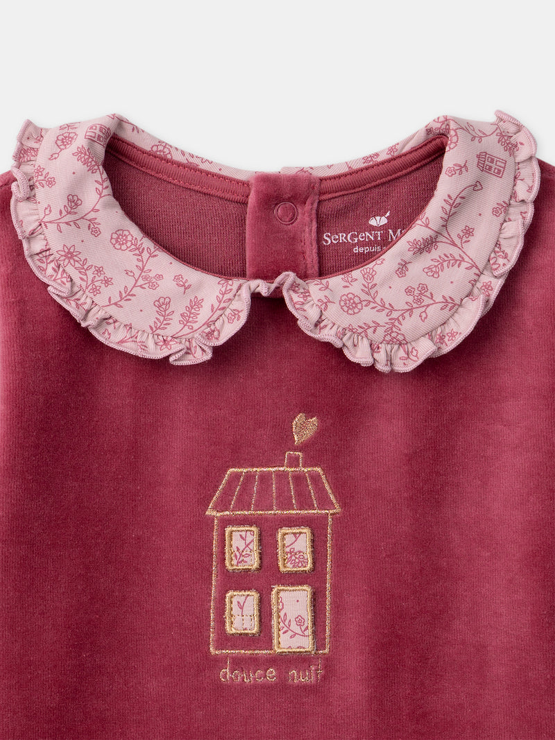 Pijama rosa escuro de veludo com estampado floral para meninas