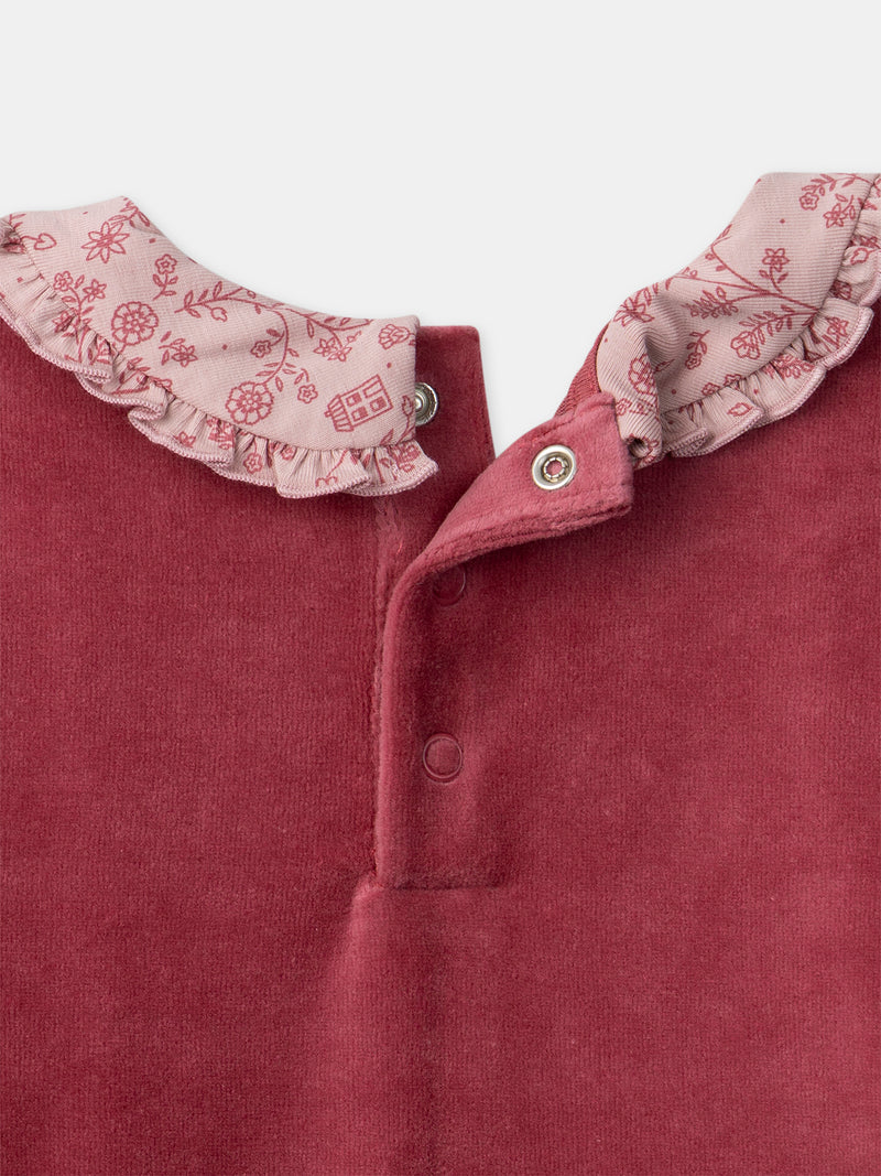 Pijama rosa escuro de veludo com estampado floral para meninas