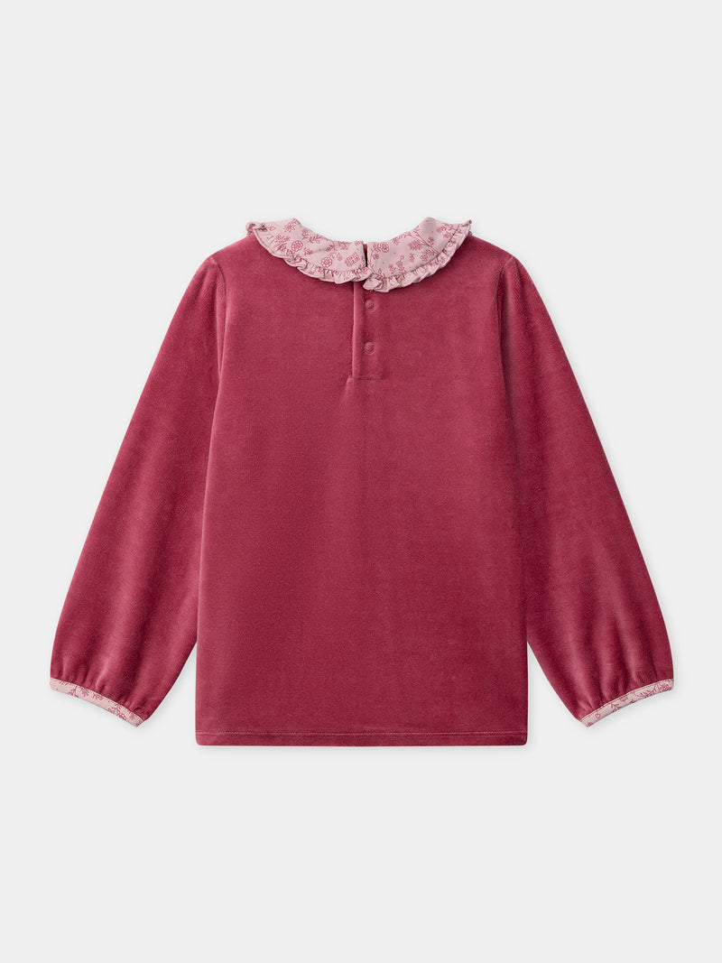 Pijama rosa escuro de veludo com estampado floral para meninas
