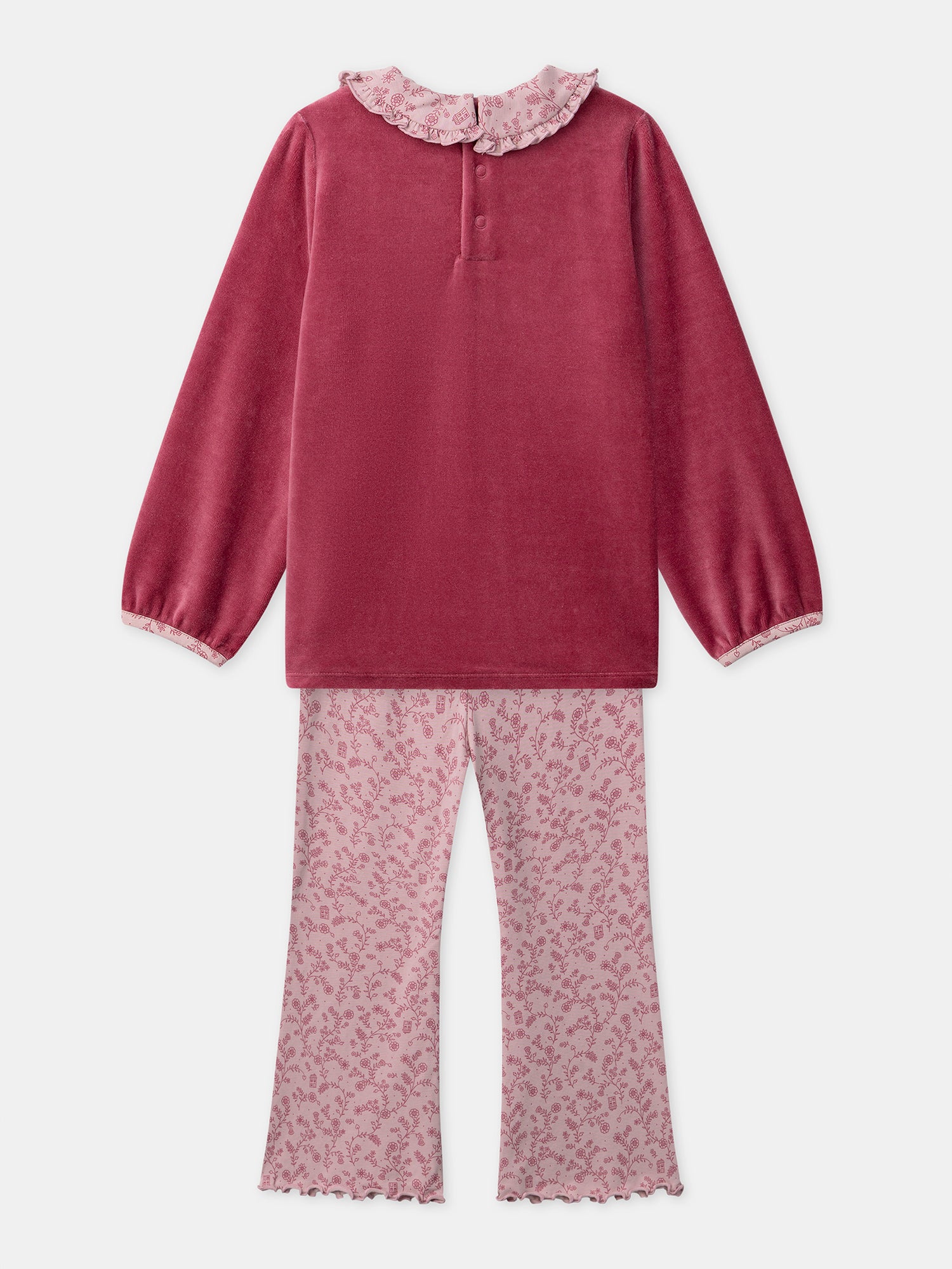 Pijama rosa escuro de veludo com estampado floral para meninas
