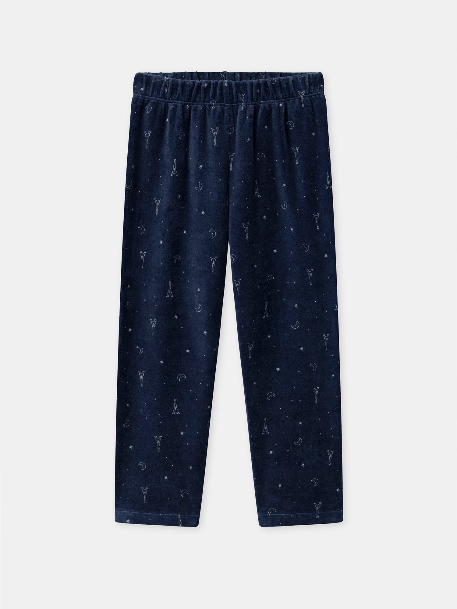 Pijama Azul Marinho em Veludo com Impressão da Torre Eiffel para Meninas