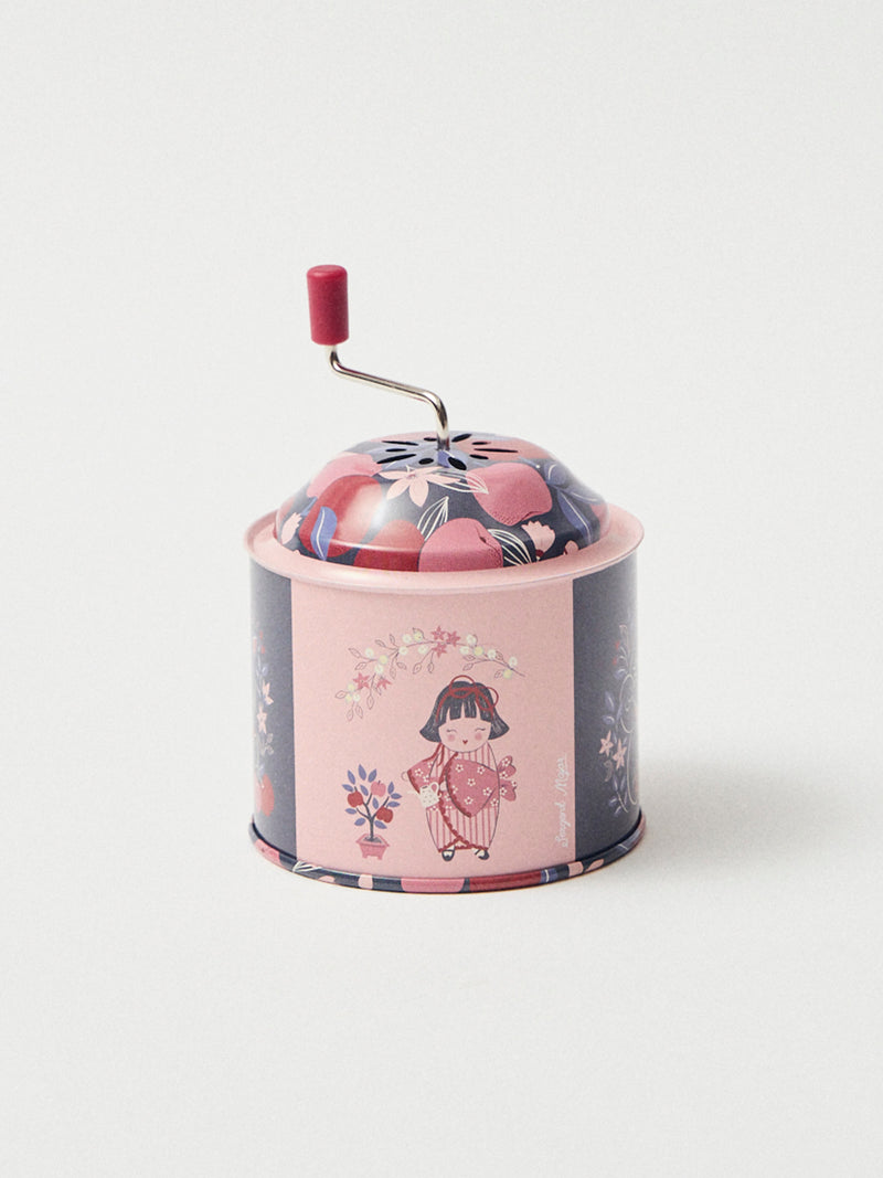 Caixa de música rosa e azul marinho com padrão de maçãs
