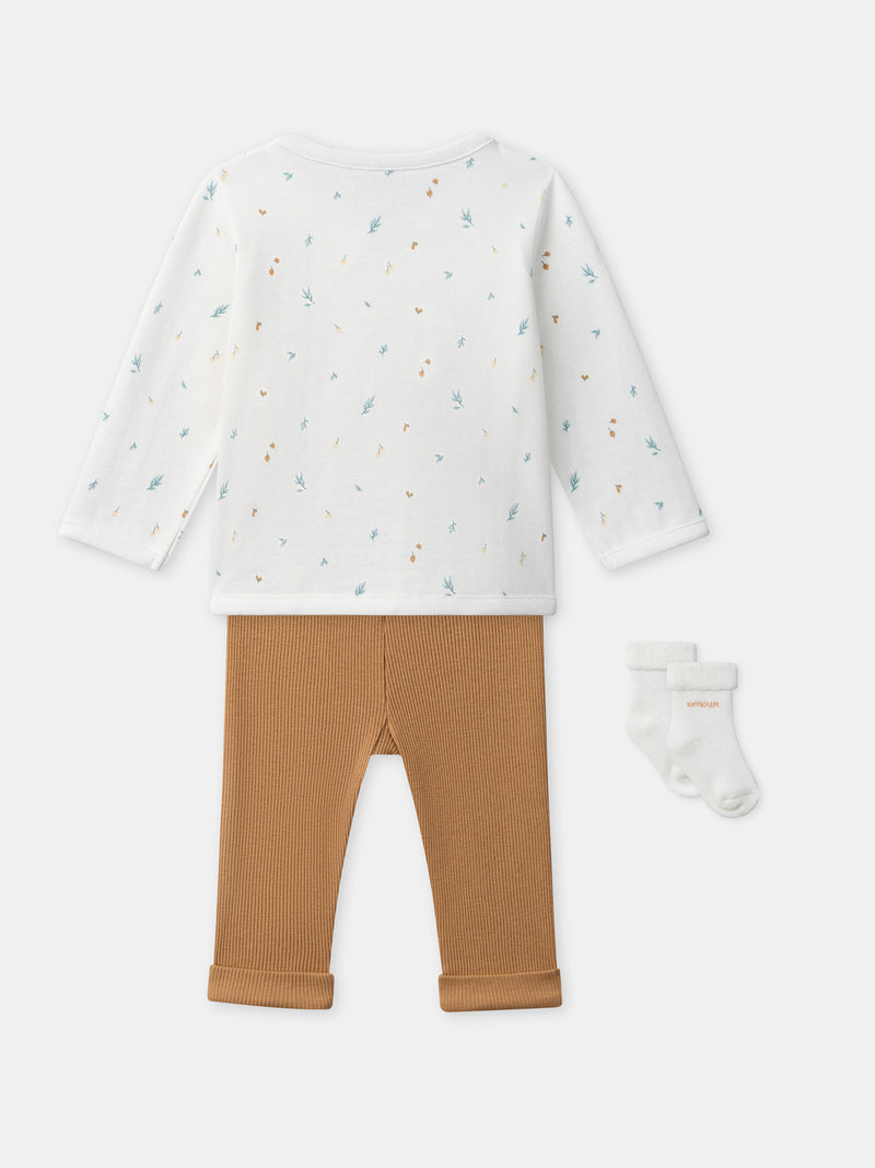 Ensemble haut imprimé feuillage + pantalon marron + chaussettes Naissance Mixte